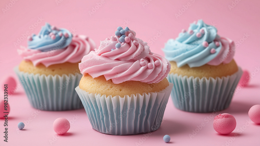 Three cupcakes with pink and blue creamy frosting, decorated with small candy balls, on a soft pink background, creating a charming atmosphere