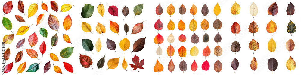 Obraz premium Diverse collection of vibrant multi colored autumn leaves in a variety of shapes sizes and hues arranged in a natural setting