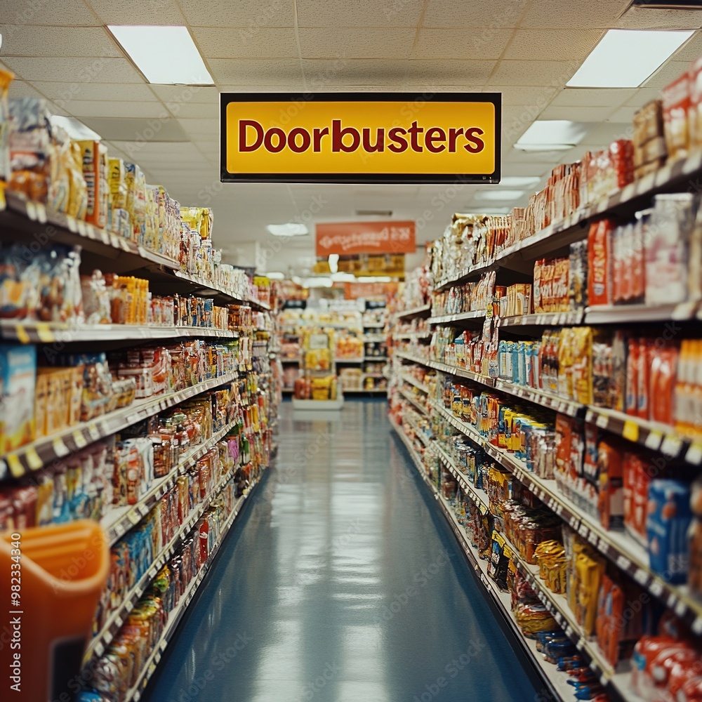 Obraz premium Supermarket aisle with Doorbusters sign and shelves stocked with