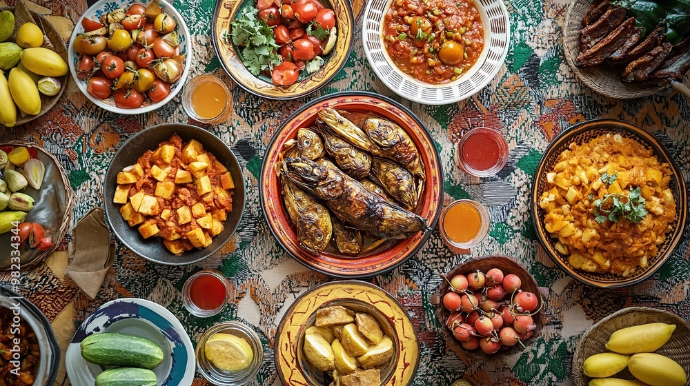 A vibrant spread of diverse dishes and drinks arranged on a colorful tablecloth. A vibrant spread of diverse dishes and drinks arranged on a colorful tablecloth.