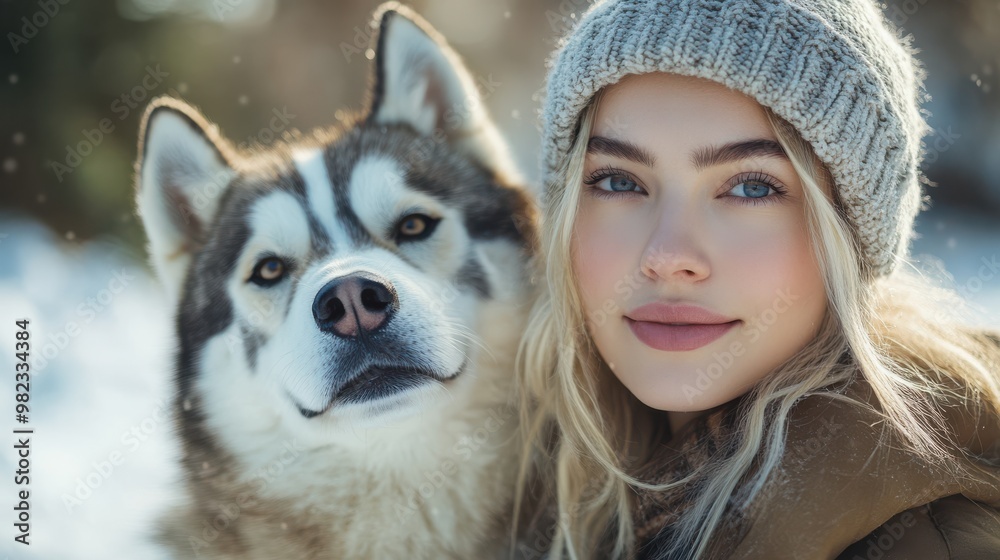 Young woman posing with her husky in a winter landscape, both dressed warmly, snowflakes falling, close bond between human and animal, enjoying nature together. Young woman posing with her husky in a winter landscape, both dressed warmly, snowflakes falling, close bond between human and animal, enjoying nature together.