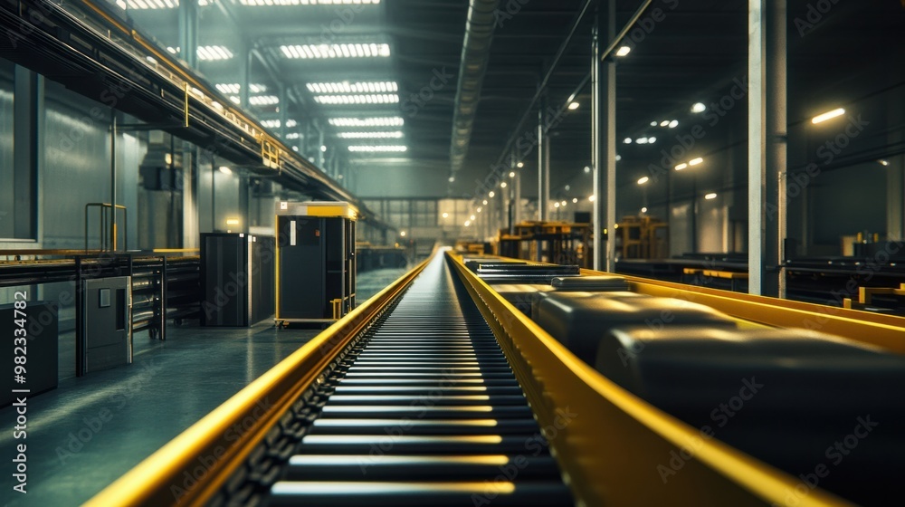 Fototapeta premium A factory conveyor belt moving raw materials to be processed in an automated production system.