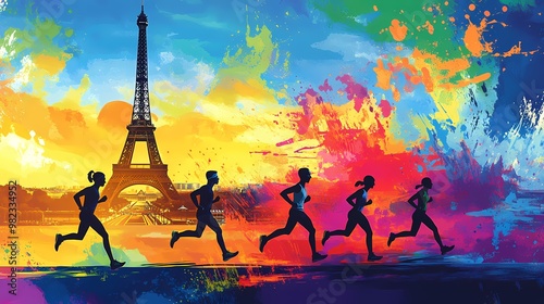A vibrant illustration of three women running a marathon in Paris with the Eiffel Tower in the.
