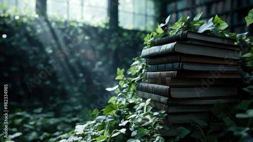 A stack of vintage books intertwined with ivy in a sunlit library, evoking a sense of timeless education and tranquil retreat into nature and knowledge. photo