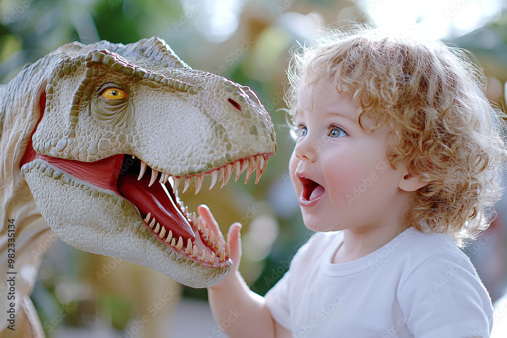 Fototapeta premium a wide-eyed child touching a life-sized T-Rex model in a dinosaur park