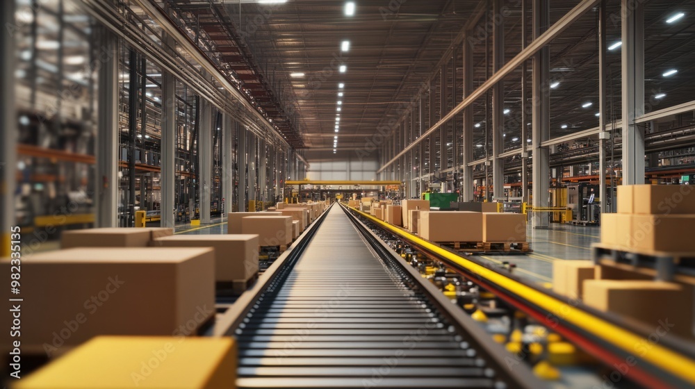 A factory floor filled with automated conveyor belts and machines in a large-scale production facility. A factory floor filled with automated conveyor belts and machines in a large-scale production facility.