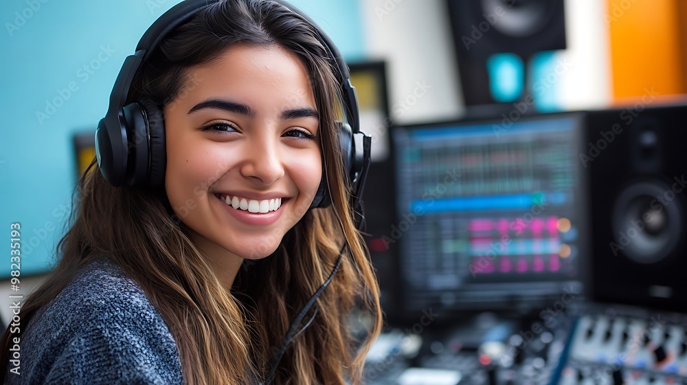 A young woman with long brown hair smiles brightly while wearing headphones in a recording studio. She is sitting in front of a computer monitor and a sound mixer. A young woman with long brown hair smiles brightly while wearing headphones in a recording studio. She is sitting in front of a computer monitor and a sound mixer.