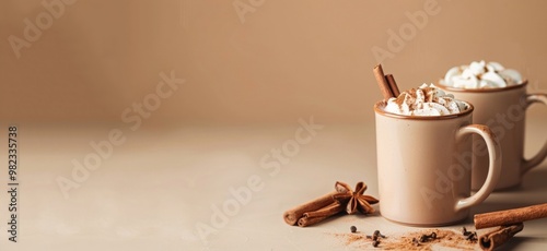 Hot cocoa Rumchata Adding cinnamon with rum. cold weather drink. Fall and winter drink. pastel beige background, copy space , for winter holiday menu, recipe. photo