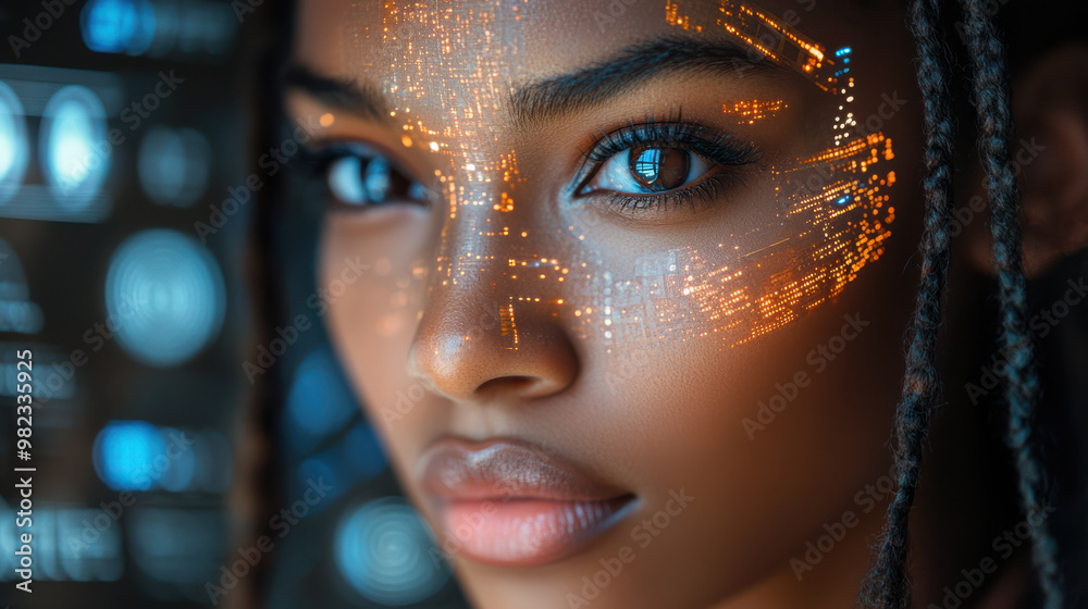 Young woman with glowing digital interface circuits integrated into her face, representing futuristic AI and neural network technology, artificial intelligence, and cyber innovation. Young woman with glowing digital interface circuits integrated into her face, representing futuristic AI and neural network technology, artificial intelligence, and cyber innovation.