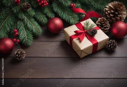 Christmas Gift Boxes with Pine Cones and Greenery on Wooden Background