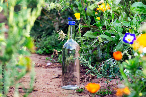 Single glass bottle standing in flower garden on a sunny morning 