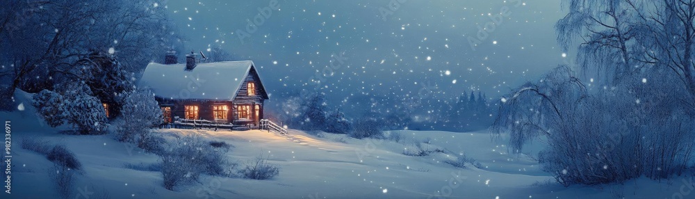 Fototapeta premium A cozy cottage illuminated by warm light, surrounded by falling snow in a serene winter landscape under a starry night sky.