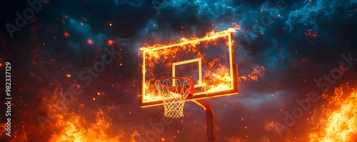 A fiery basketball hoop set against a dramatic background, embodying intensity and passion for the sport.