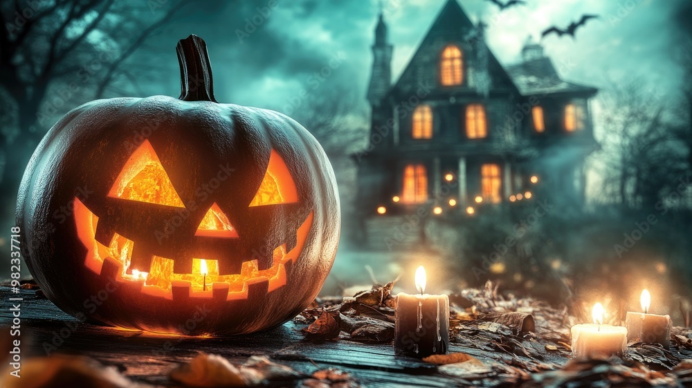 Halloween pumpkin with candlelight in front of a haunted house background, Halloween pumpkin with candlelight in front of a haunted house background,