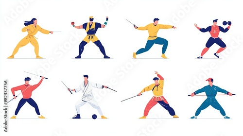 This illustration shows athletes, both men and women, playing different sports. You'll see team sports, games, street sports, and martial arts. It's a simple, flat-style design.