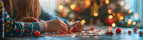 Kids decorating cookies by the Christmas tree, celebrating the holiday season with colorful sprinkles and festive cheer.