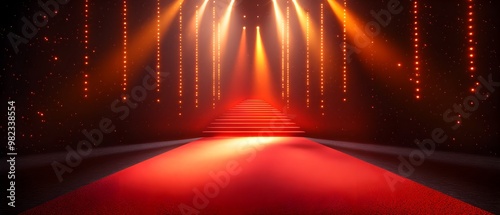 A vibrant, illuminated stage featuring a red carpet, surrounded by striking lights, creating an atmosphere of glamour and anticipation.