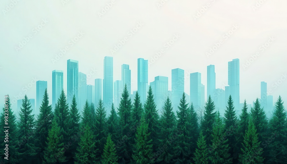 A green city skyline with trees growing on skyscrapers, representing futuristic eco-urbanism Sustainable city, Green architecture, Environmental future A green city skyline with trees growing on skyscrapers, representing futuristic eco-urbanism Sustainable city, Green architecture, Environmental future