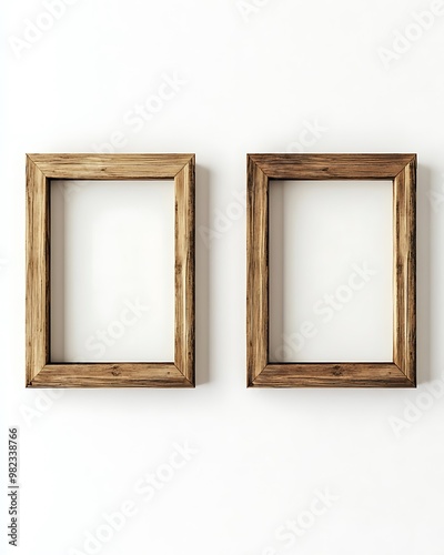 natural wooden frames, clean and minimal, on a clean white background, modern minimal aesthtic, art gallery wall, natural light. photo