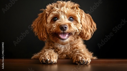 A cute, fluffy dog with curly fur smiles happily, resting its paws on a wooden surface against a dark background.