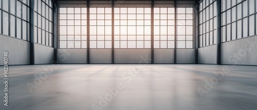 Spacious industrial interior featuring tall windows and a polished concrete floor, ideal for photography and design projects.