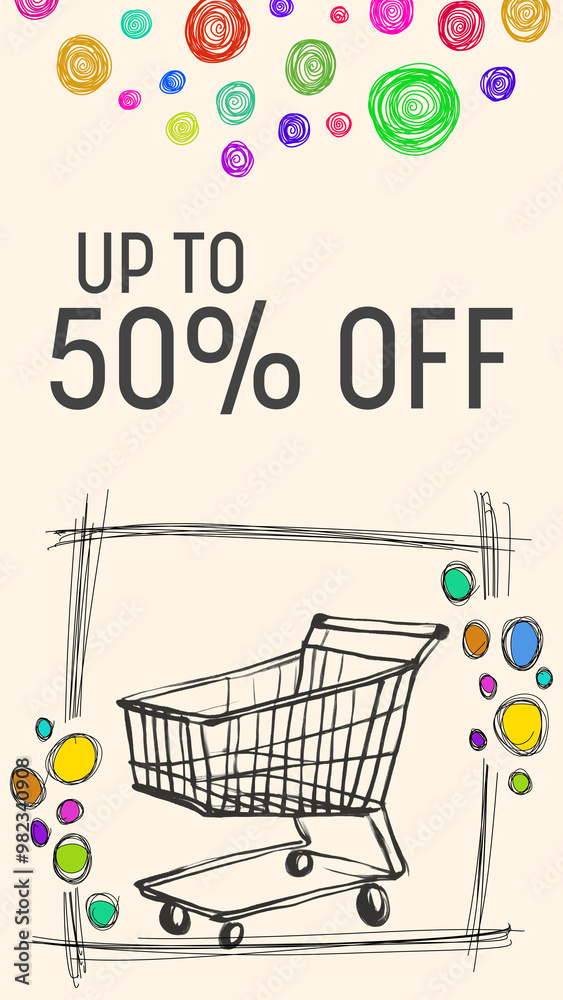 Φωτογραφία Discount Fifty Percent Off Shopping Cart Sketch Colorful Dots Top Bottom Vertica