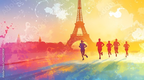 Illustration of runners approaching the Eiffel Tower in Paris, with splashes and abstract shapes on a colorful background with nature view.