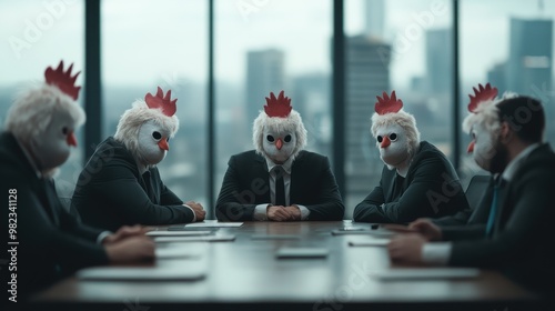 A group of business people attending a meeting at a large table, all wearing suits and rooster masks, creating a surreal and whimsical atmosphere in a corporate setting. photo