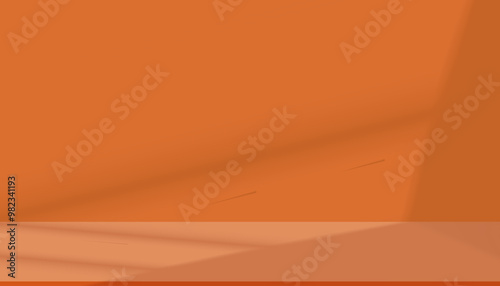 Autumn Orange Background,Studio Room with 3d wood cylinder pedestal podium with light on empty wall and floor for Thanksgiving Product Present,Backdrop Scene of Window Shadow Display Design
