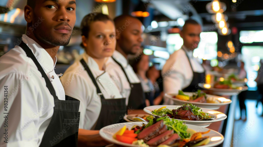 Waiters serving gourmet dishes in a busy restaurant during dinner service Waiters serving gourmet dishes in a busy restaurant during dinner service