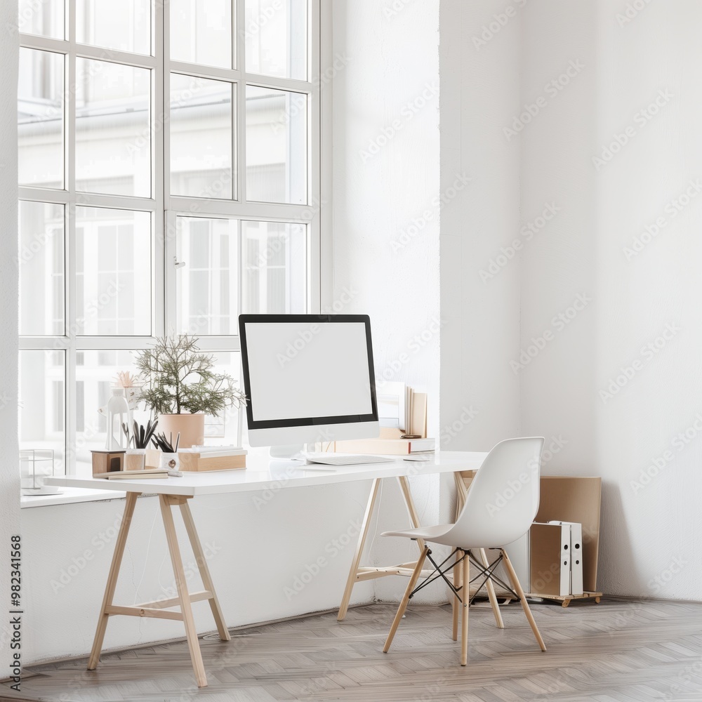 Modern Minimalistic Home Office with Large Window and Computer on Desk in Bright Natural Light Modern Minimalistic Home Office with Large Window and Computer on Desk in Bright Natural Light