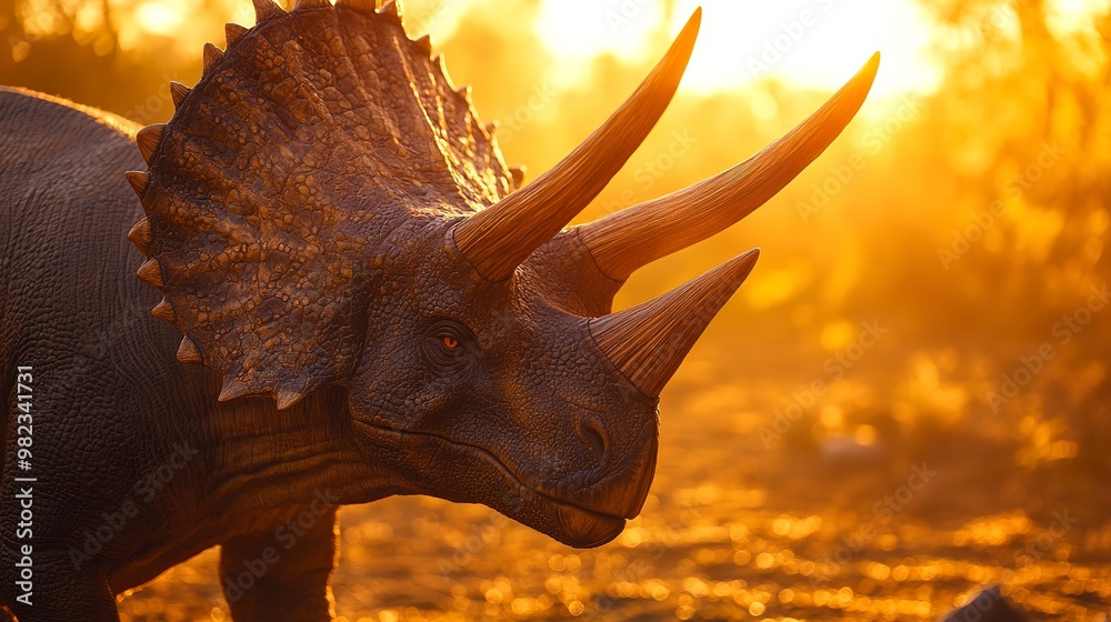 Fototapeta premium A close-up portrait of a Triceratops, showcasing its three distinct horns and large frill, bathed in the golden light of a setting sun --ar 16:9 --v 6.1 Job ID: a1766df7-6394-4c1d-bdd0-76907057638e