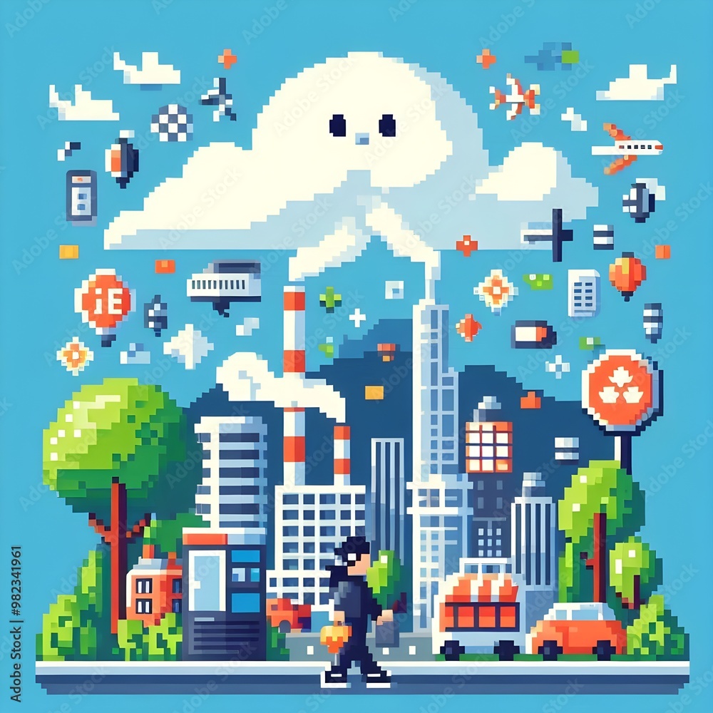 Illustration of City with boy walking in street. Environmental City Background Poster Pixel Art Design Illustration of City with boy walking in street. Environmental City Background Poster Pixel Art Design