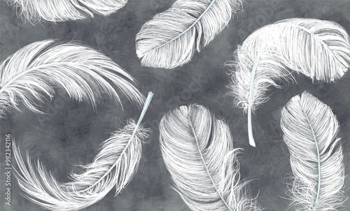 Wallpaper Mural Feathers. Beautiful vintage feathers. Wallpaper for the bedroom. Watercolour feathers. Light airy pattern. Bird feather. Torontodigital.ca
