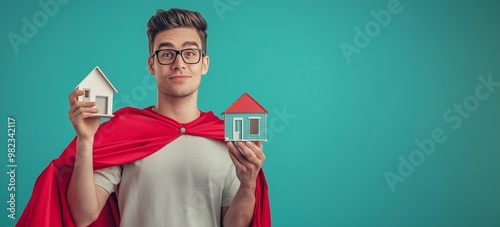Young man in superhero cape holding a small house model, symbolizing homeownership and real estate success, light blue background, confident expression, selective focus


