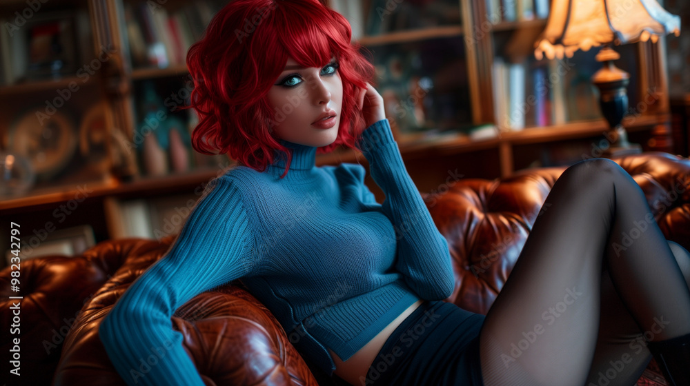 Obraz premium Woman with vibrant red hair relaxing on a vintage leather couch in a cozy room