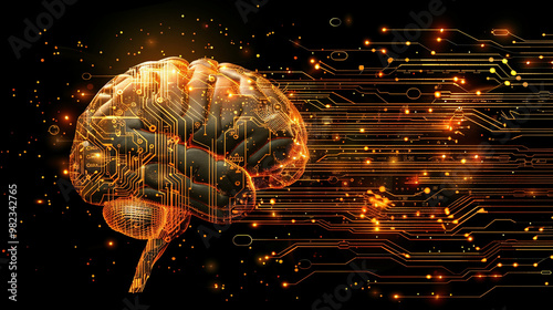 A symbolic image depicting the integration of the human brain with electronic technology, symbolizing the emergence of a cybernetic mind and the blurring lines between biology and technology.