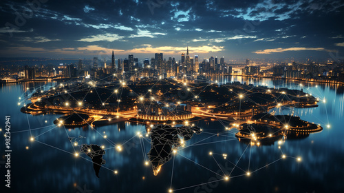 An abstract image of a city skyline, with lines connecting various points, symbolizing the interconnectedness of business and economic growth within a global network.