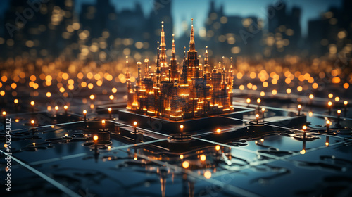 A stylized illustration of a downtown business district, with abstract buildings and lines representing the interconnectedness of business and economic growth within a global network.