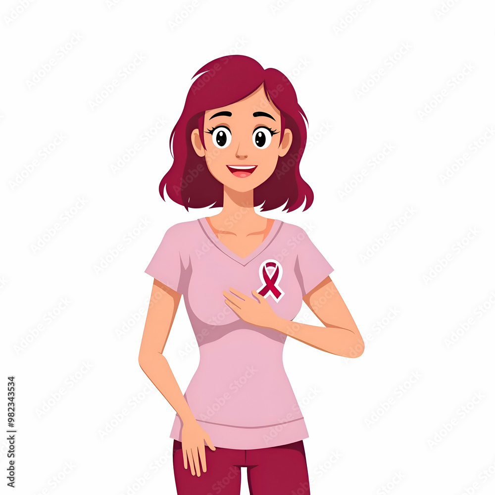 happy woman with breast cancer awareness pink ribbon isolated on white background happy woman with breast cancer awareness pink ribbon isolated on white background