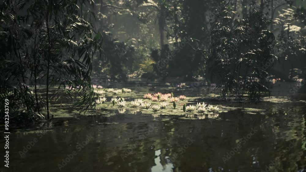 In the heart of a vibrant Vietnamese jungle, water lilies bloom on a tranquil pond, surrounded by dense greenery and filtered sunlight creating an enchanting atmosphere. In the heart of a vibrant Vietnamese jungle, water lilies bloom on a tranquil pond, surrounded by dense greenery and filtered sunlight creating an enchanting atmosphere.