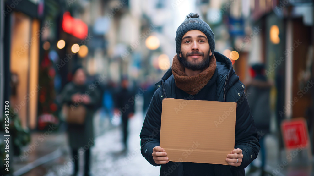 Young man holding blank cardboard sign on busy city street in winter. Empty copy space Young man holding blank cardboard sign on busy city street in winter. Empty copy space