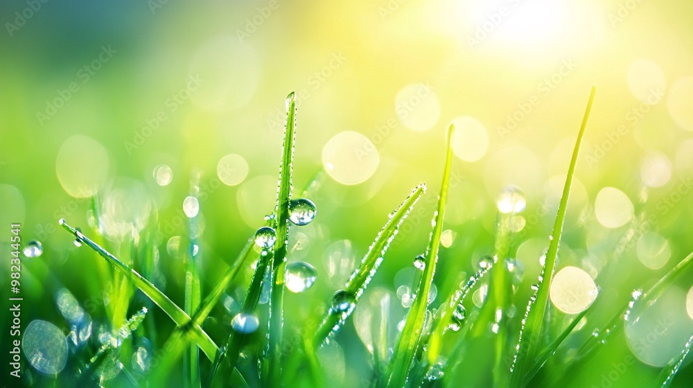 Fototapeta premium Dewdrops on Green Blades of Grass in Sunlight