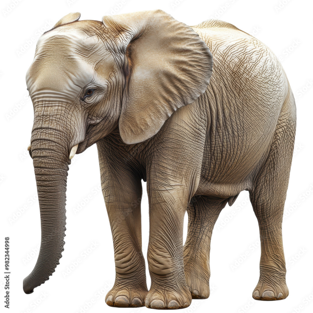Fototapeta premium Majestic gray African elephant with long powerful trunk and large tusks in close up profile view against a white studio backdrop This magnificent pachyderm is a symbol of strength intelligence