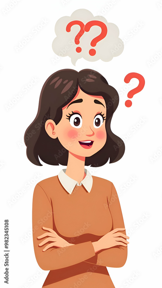 woman thinking about something with question mark isolated on white background woman thinking about something with question mark isolated on white background