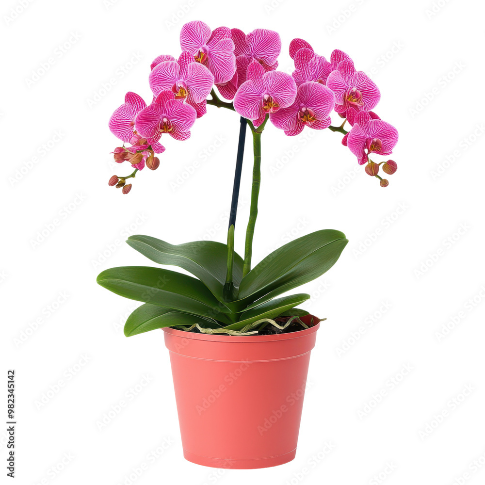 Naklejka premium Vibrant Pink Orchid Flowering Plant in Coral Pot for Home or Office Decor Lush tropical foliage and delicate blooms make this houseplant a perfect addition to any indoor space