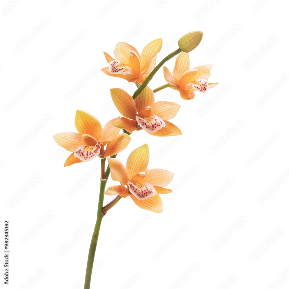 Naklejka premium Vibrant orange orchid blooms in an elegant floral arrangement against a clean white background The delicate petals and lush tropical foliage create a serene natural and feminine composition