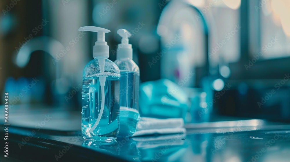 Image of various hand sanitizer bottles and face masks on a dark table, emphasizing hygiene and safety with clear foreground focus. Image of various hand sanitizer bottles and face masks on a dark table, emphasizing hygiene and safety with clear foreground focus.