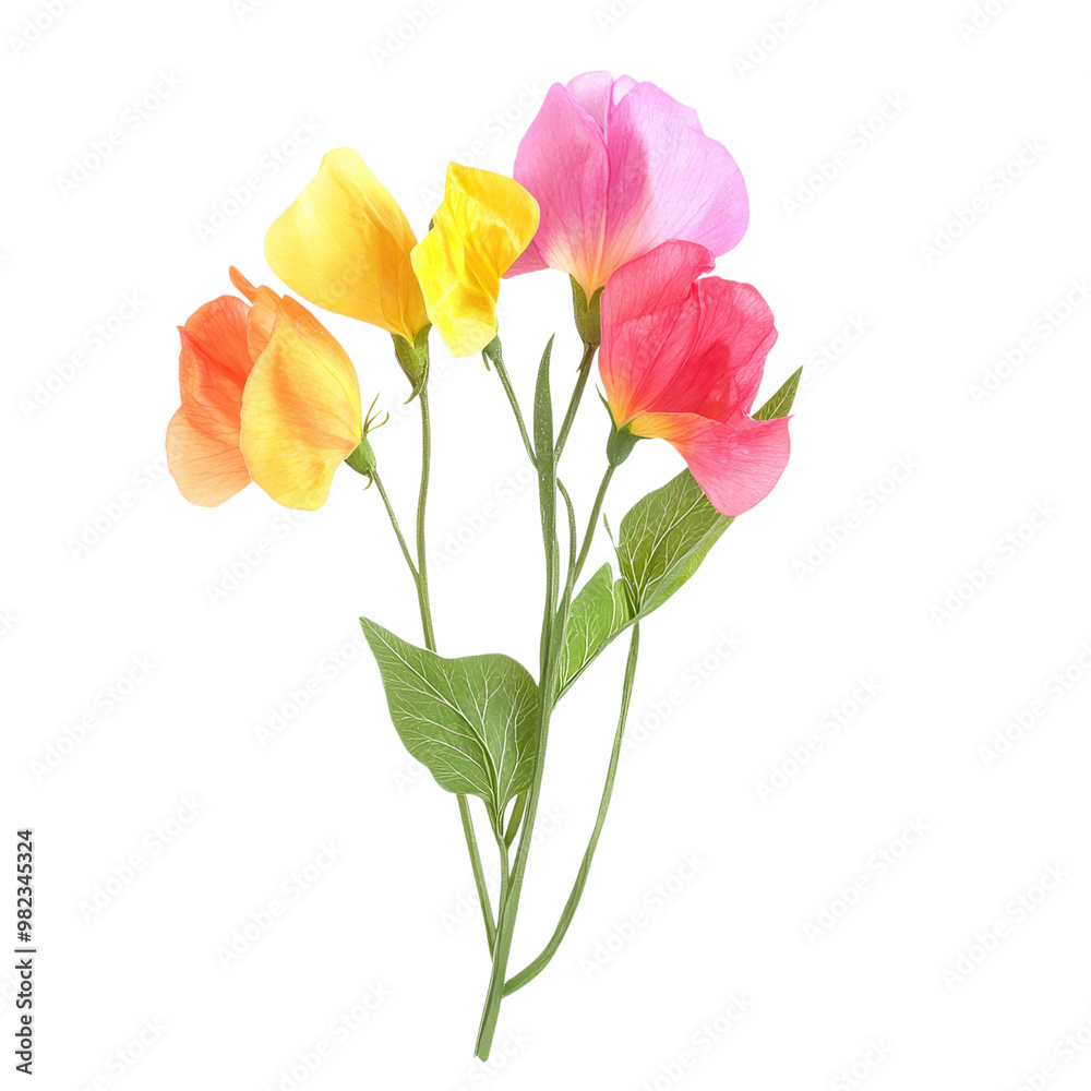 Vibrant arrangement of blooming spring flowers in various colors including yellow pink and orange petals Elegant floral bouquet with natural leaf stems on plain white background Vibrant arrangement of blooming spring flowers in various colors including yellow pink and orange petals Elegant floral bouquet with natural leaf stems on plain white background