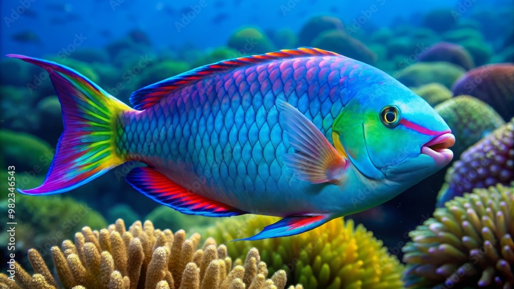 Fototapeta premium Vibrant parrotfish swims gracefully through the azure ocean depths showcasing its vivid blue scales